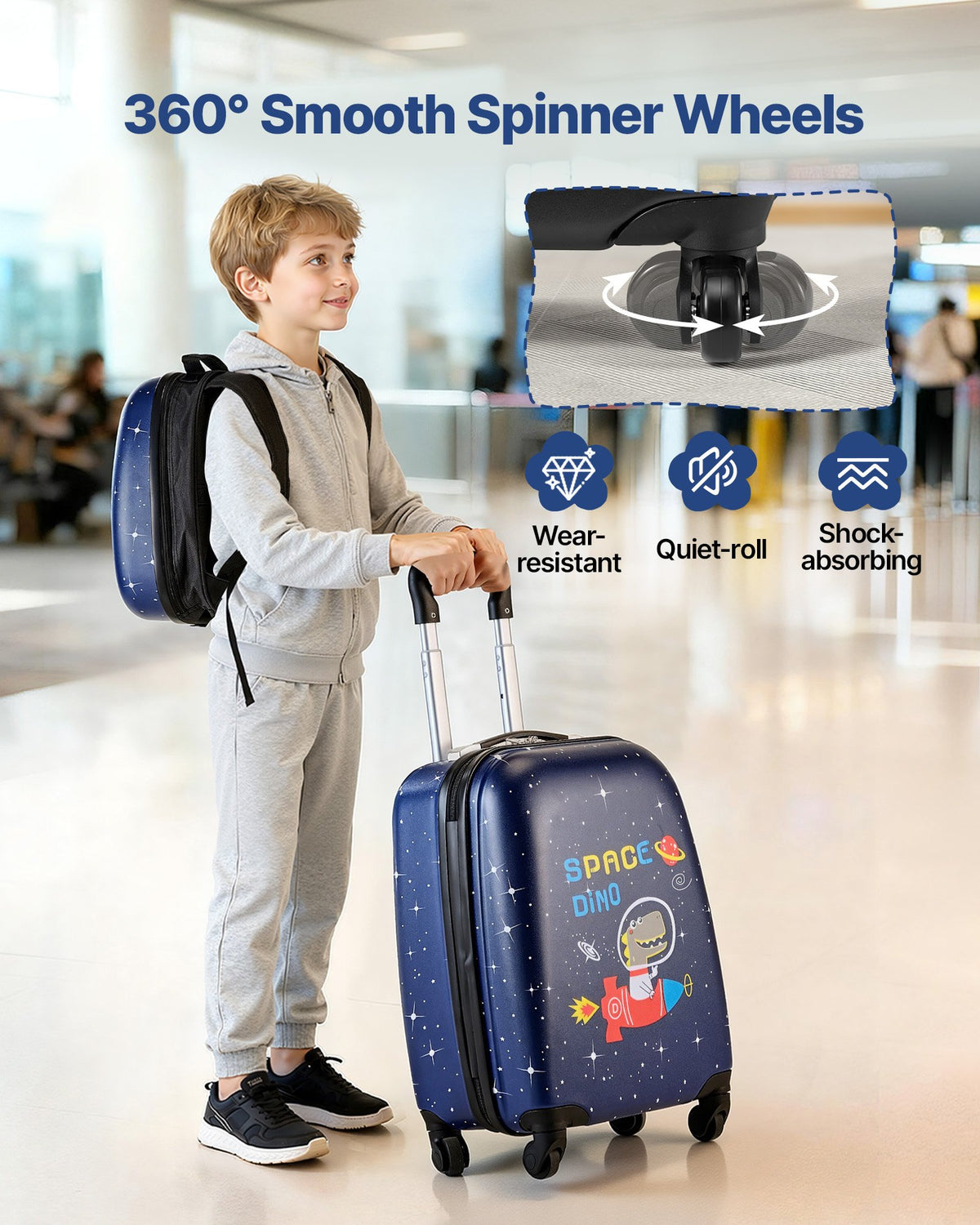 VEVOR Kids Luggage Set, 2 Piece, 18 Inch Hardside Rolling Wheels Suitcase with Hard-Shell Backpack, Dinosaur Kids Carry on Luggage Set, Holiday Birthday Gift for Girls & Boys, Airline Approved - 2JTETXLX2PCSJ0HWG001V0 - view 5