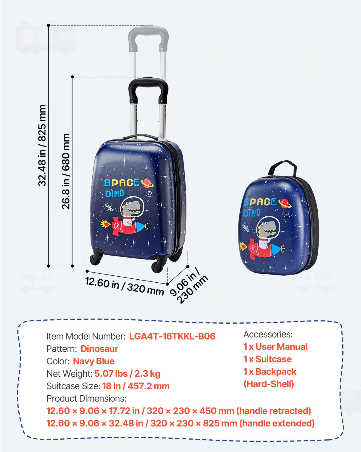 VEVOR Kids Luggage Set, 2 Piece, 18 Inch Hardside Rolling Wheels Suitcase with Hard-Shell Backpack, Dinosaur Kids Carry on Luggage Set, Holiday Birthday Gift for Girls & Boys, Airline Approved - 2JTETXLX2PCSJ0HWG001V0 - view 8