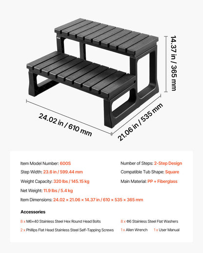 VEVOR Hot Tub Steps, 2-Step Spa Outdoor Stairs, Heavy Duty 23.6 inch Wide PP Above-Ground/Inflatable Pool Ladder with 320 lbs Weight Capacity, Multi-Use for Porch, Patio, Deck, Campers, Black - 2JTJBDCWGNWFB79O5001V0 - view 8