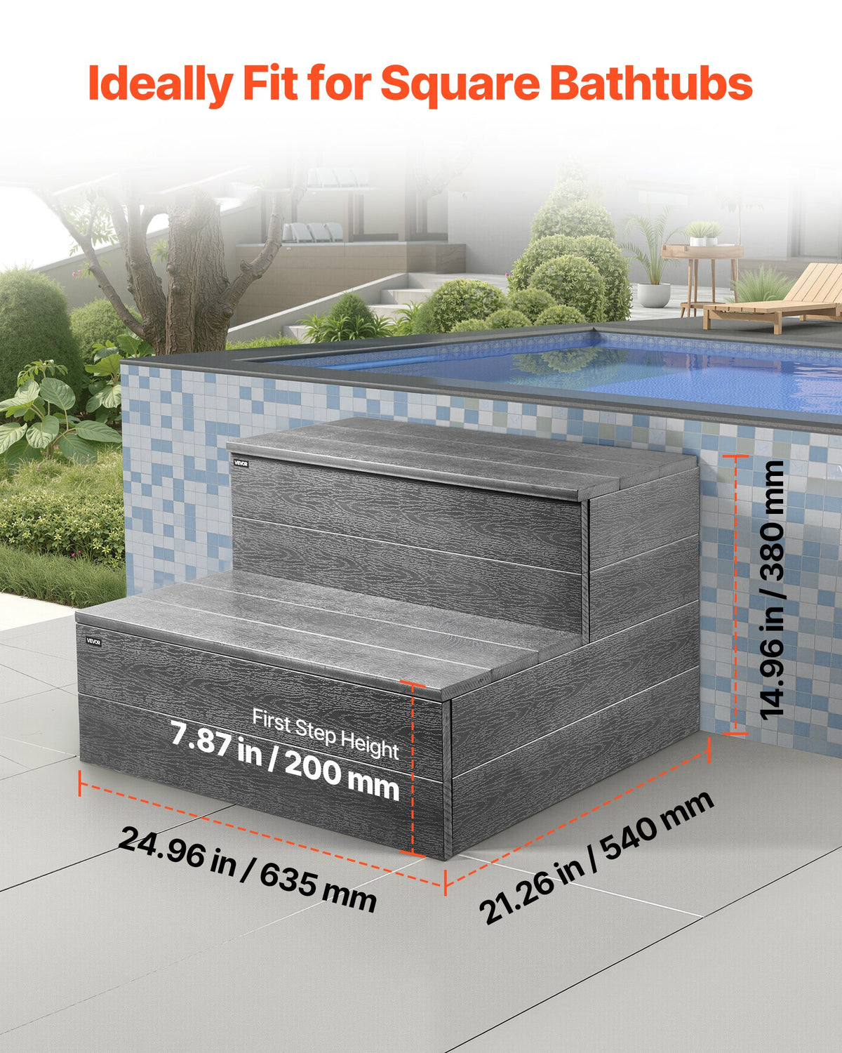 VEVOR Hot Tub Steps, 2-Step Spa Outdoor Stairs, Heavy Duty 25 inch Wide HIPS Above-Ground/Inflatable Pool Ladder with 600 lbs Weight Capacity, Multi-Use for Porch, Patio, Deck, Campers, Graphite Gray - 2JTJBDCWGNWFQ1SDC001V0 - view 6