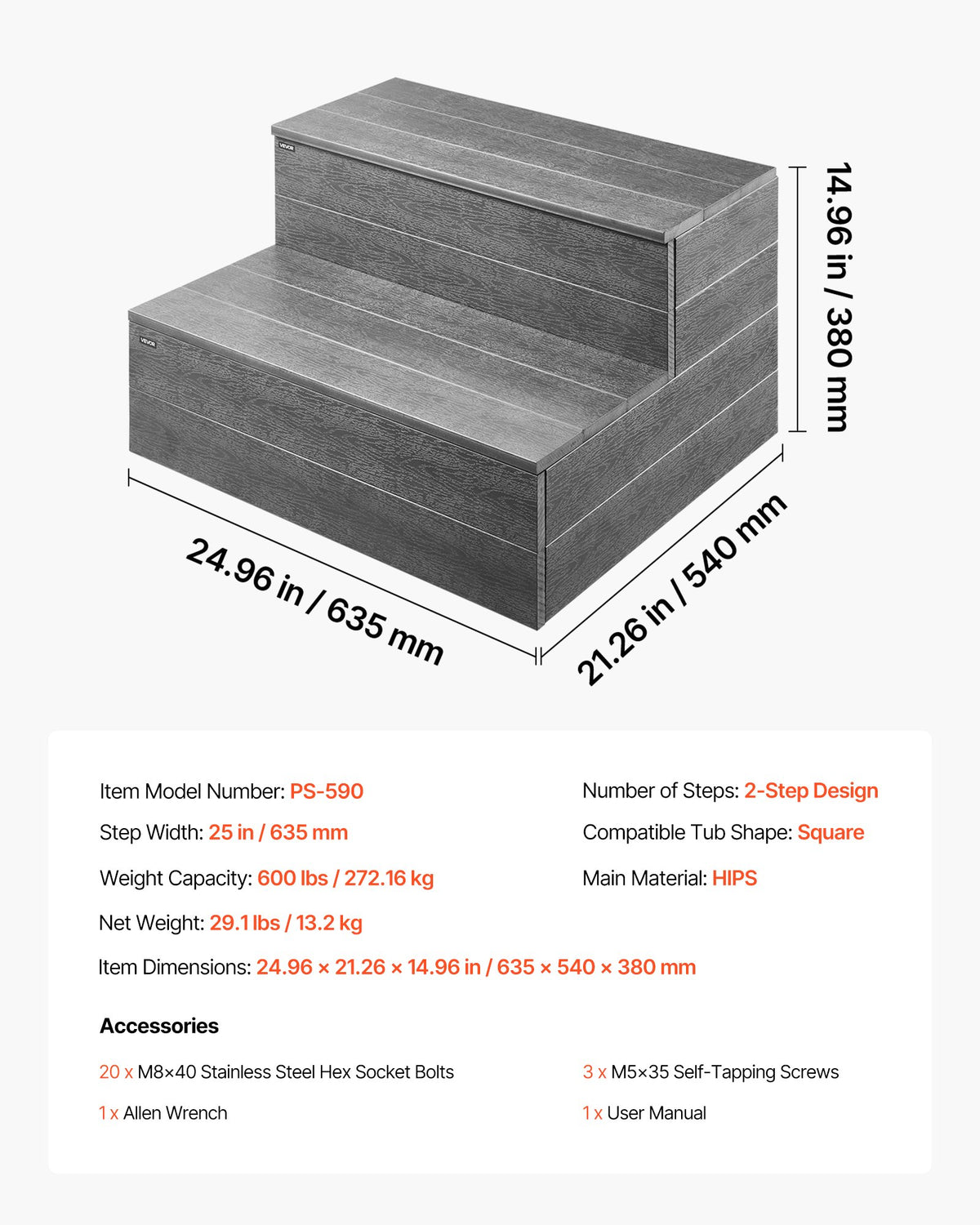 VEVOR Hot Tub Steps, 2-Step Spa Outdoor Stairs, Heavy Duty 25 inch Wide HIPS Above-Ground/Inflatable Pool Ladder with 600 lbs Weight Capacity, Multi-Use for Porch, Patio, Deck, Campers, Graphite Gray - 2JTJBDCWGNWFQ1SDC001V0 - view 8