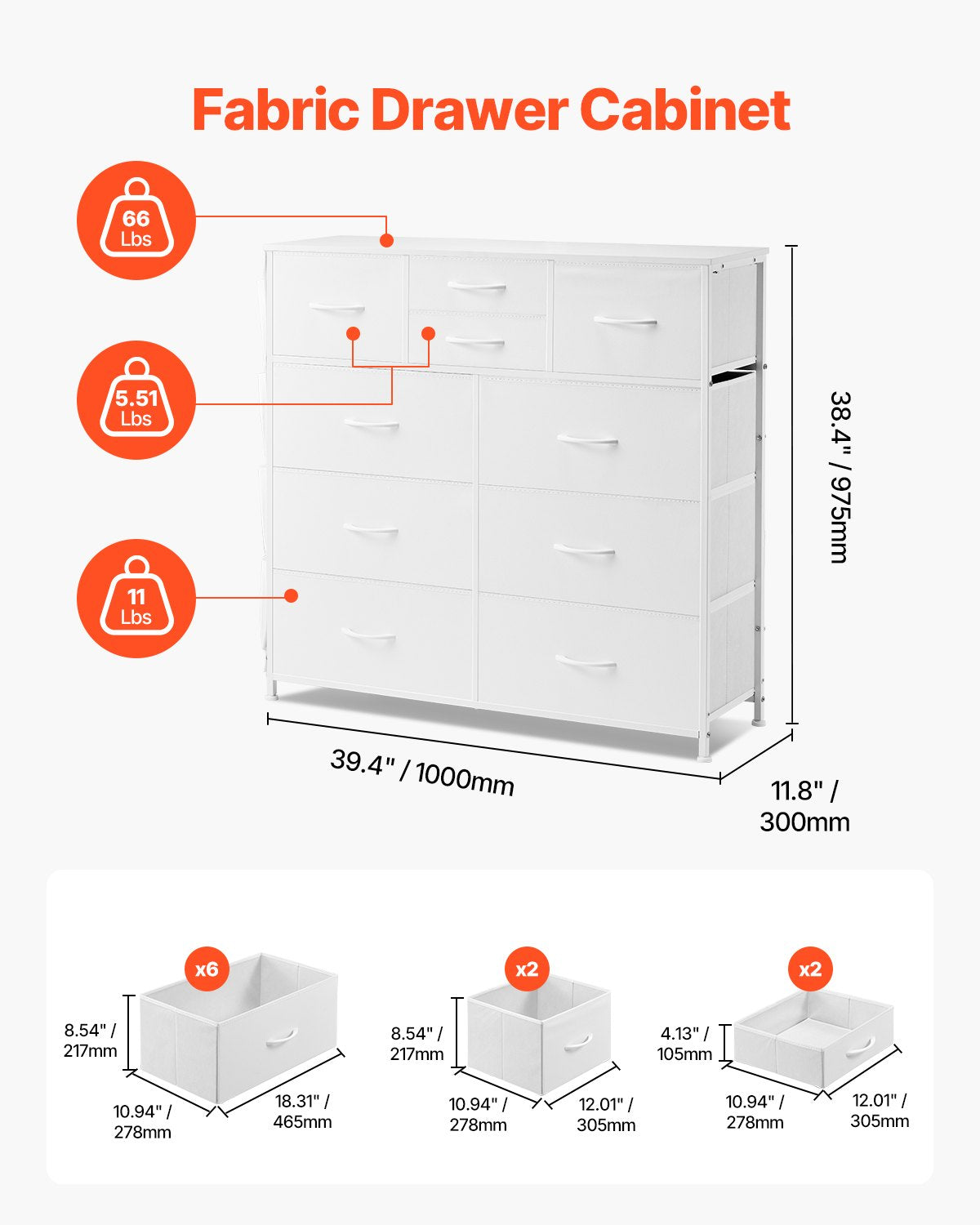 VEVOR 10 Drawer Dresser, Fabric Drawer Dresser with Fabric Bins, Closet Storage Drawers with Easy Pull Handle and Sturdy Steel Frame, Fabric Storage Tower for Bedroom, Hallway, Closet, Nursery, White - 2LZWCTJ6C4XCVO1PAV0 - view 3