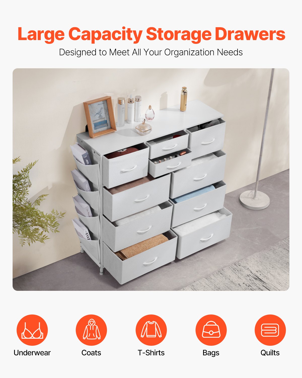 VEVOR 10 Drawer Dresser, Fabric Drawer Dresser with Fabric Bins, Closet Storage Drawers with Easy Pull Handle and Sturdy Steel Frame, Fabric Storage Tower for Bedroom, Hallway, Closet, Nursery, White - 2LZWCTJ6C4XCVO1PAV0 - view 4