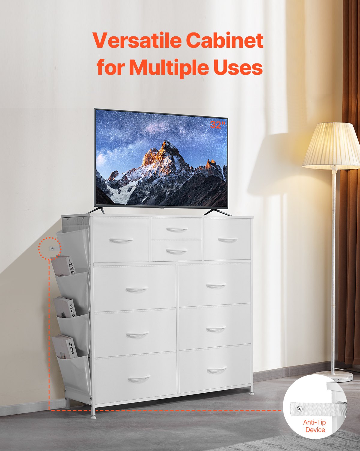 VEVOR 10 Drawer Dresser, Fabric Drawer Dresser with Fabric Bins, Closet Storage Drawers with Easy Pull Handle and Sturdy Steel Frame, Fabric Storage Tower for Bedroom, Hallway, Closet, Nursery, White - 2LZWCTJ6C4XCVO1PAV0 - view 7