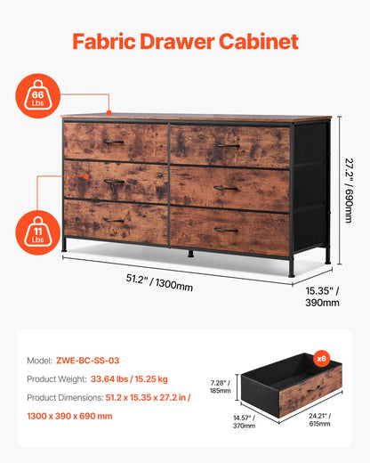 VEVOR 6 Drawer Dresser, Tall Chest Organizer Drawer Dresser, TV Stand with Storage, Closet Storage Drawers with Sturdy Steel Frame, Fabric Storage Tower for Bedroom, Hallway, Closet, Rustic Brown - 2LZWCTJ6C505O3TX9V0 - view 3
