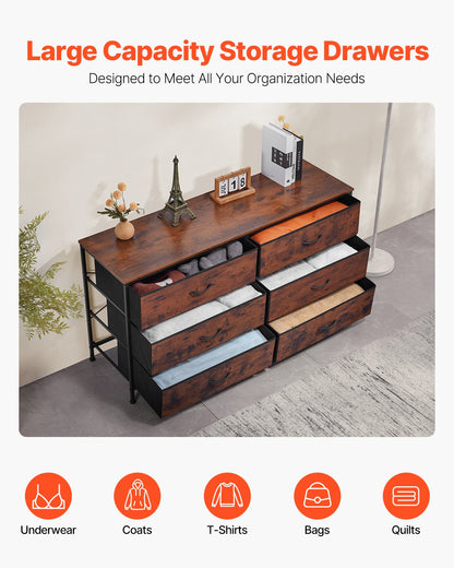 VEVOR 6 Drawer Dresser, Tall Chest Organizer Drawer Dresser, TV Stand with Storage, Closet Storage Drawers with Sturdy Steel Frame, Fabric Storage Tower for Bedroom, Hallway, Closet, Rustic Brown - 2LZWCTJ6C505O3TX9V0 - view 4