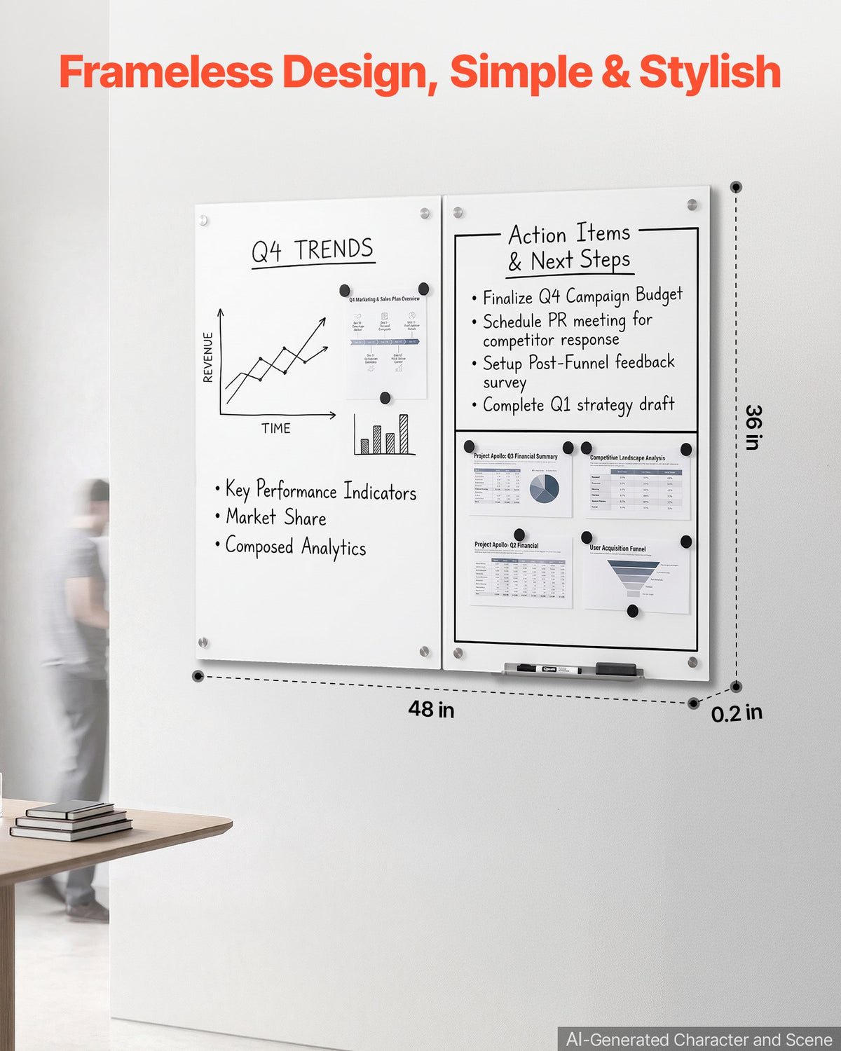 VEVOR Glass Dry Erase Board 2 Pack 35.4 x 23.6 in White Magnetic Whiteboard, Wall-Mounted, Frameless, Thick Tempered Glass, with Markers, Magnets and Eraser, for Office, School Classroom, Home Study - 2PCZKGCBLBGQ2R0BB001V0 - view 3