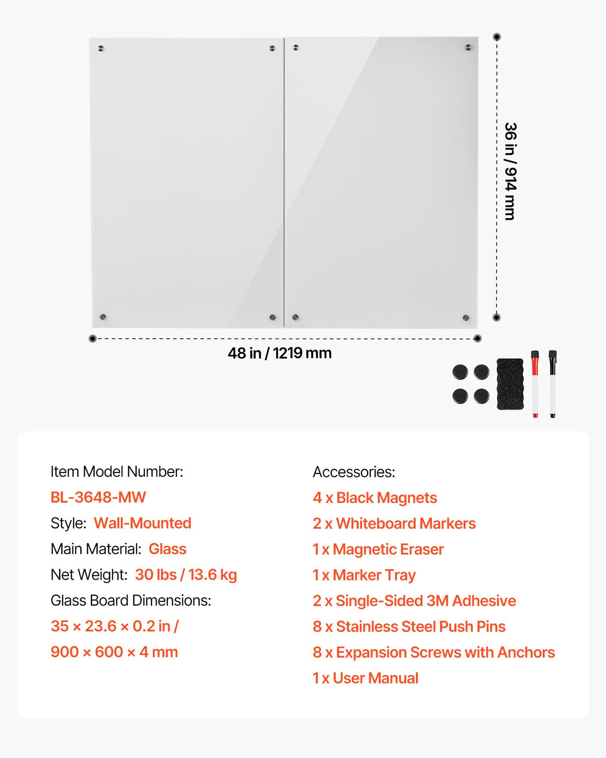 VEVOR Glass Dry Erase Board 2 Pack 35.4 x 23.6 in White Magnetic Whiteboard, Wall-Mounted, Frameless, Thick Tempered Glass, with Markers, Magnets and Eraser, for Office, School Classroom, Home Study - 2PCZKGCBLBGQ2R0BB001V0 - view 8