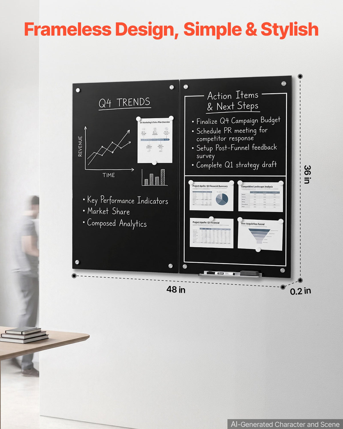 VEVOR Glass Dry Erase Board 2 Pack 35.4 x 23.6 in Black Magnetic Whiteboard, Wall-Mounted, Frameless, Thick Tempered Glass, with Markers, Magnets and Eraser, for Office, School Classroom, Home Study - 2PCZKGCBLBGQCRTJM001V0 - view 3