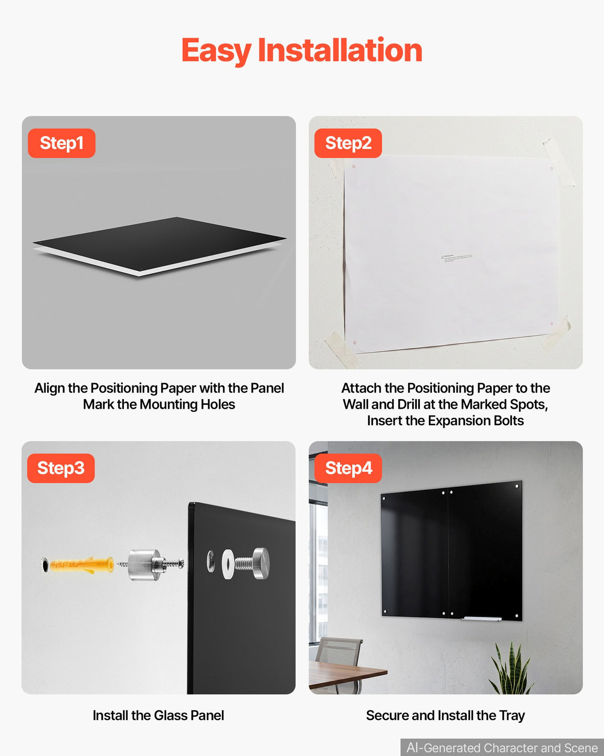 VEVOR Glass Dry Erase Board 2 Pack 35.4 x 23.6 in Black Magnetic Whiteboard, Wall-Mounted, Frameless, Thick Tempered Glass, with Markers, Magnets and Eraser, for Office, School Classroom, Home Study - 2PCZKGCBLBGQCRTJM001V0 - view 6