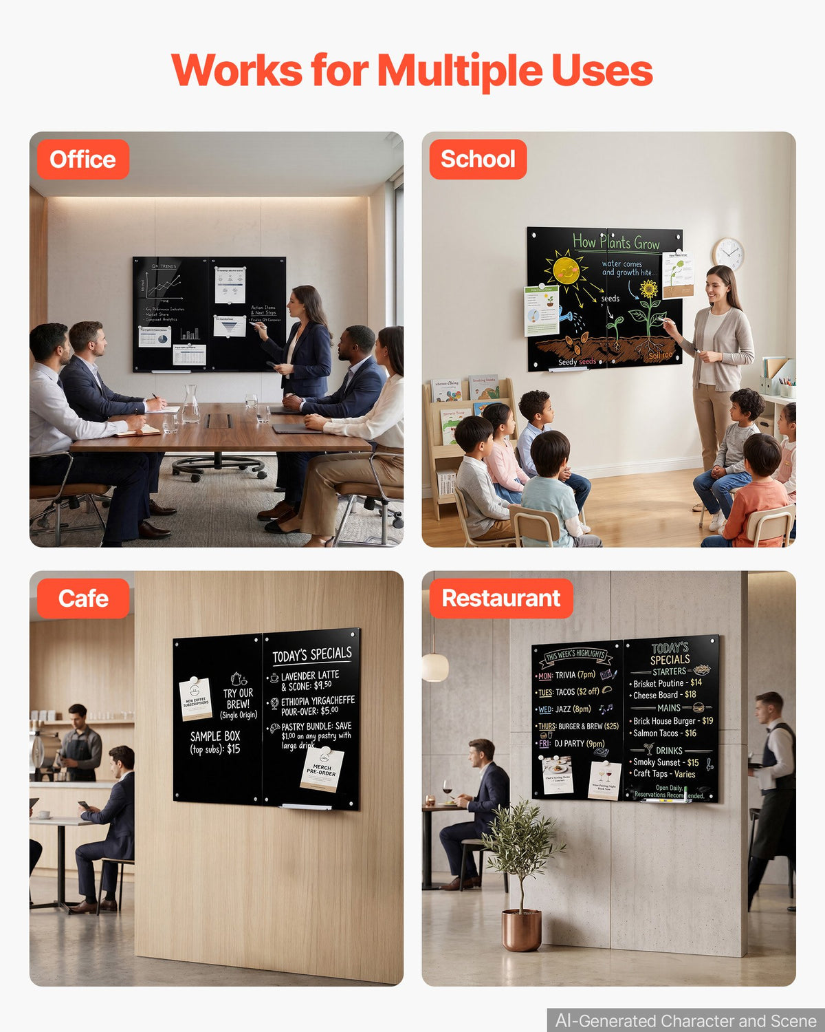 VEVOR Glass Dry Erase Board 2 Pack 35.4 x 23.6 in Black Magnetic Whiteboard, Wall-Mounted, Frameless, Thick Tempered Glass, with Markers, Magnets and Eraser, for Office, School Classroom, Home Study - 2PCZKGCBLBGQCRTJM001V0 - view 7