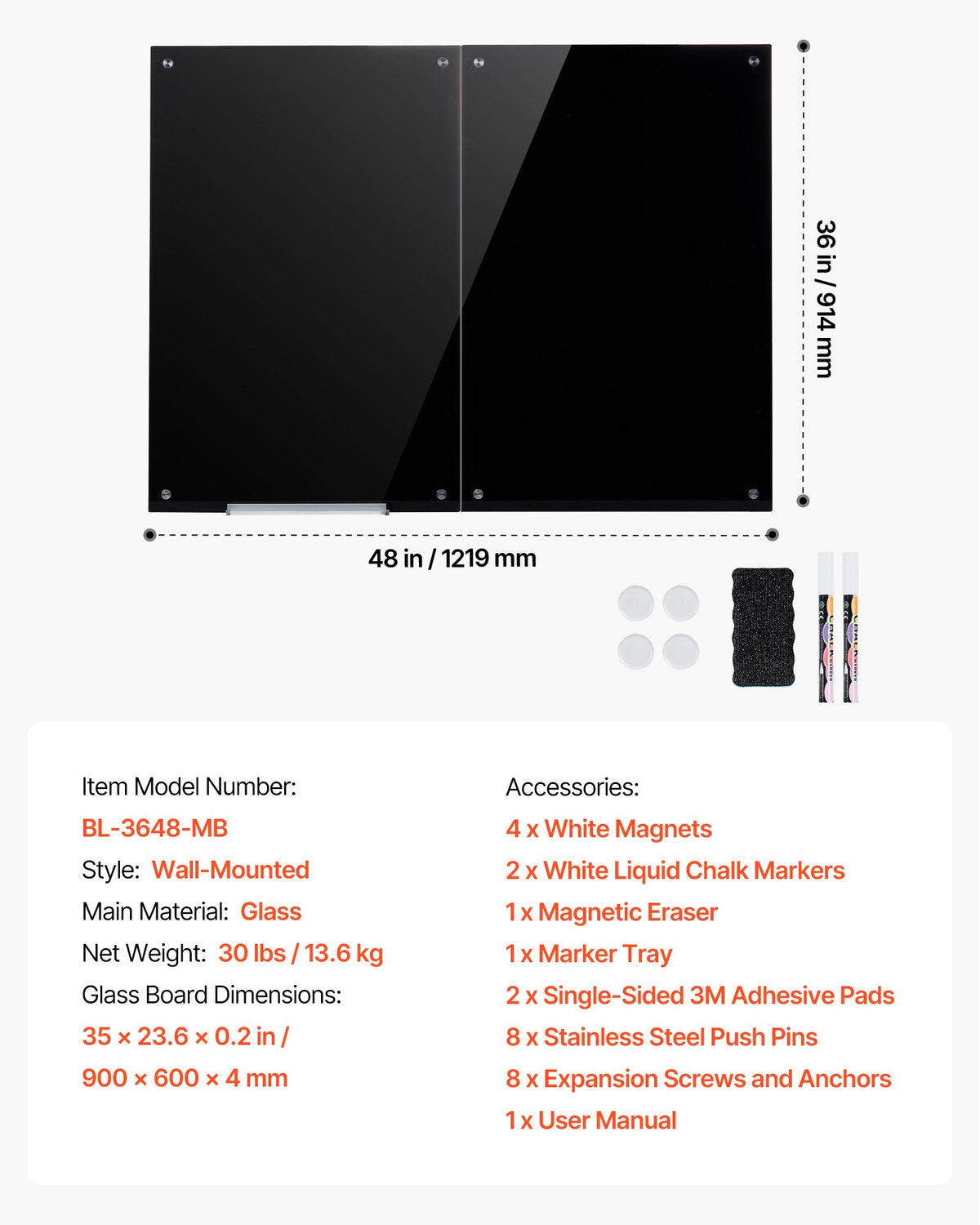 VEVOR Glass Dry Erase Board 2 Pack 35.4 x 23.6 in Black Magnetic Whiteboard, Wall-Mounted, Frameless, Thick Tempered Glass, with Markers, Magnets and Eraser, for Office, School Classroom, Home Study - 2PCZKGCBLBGQCRTJM001V0 - view 8
