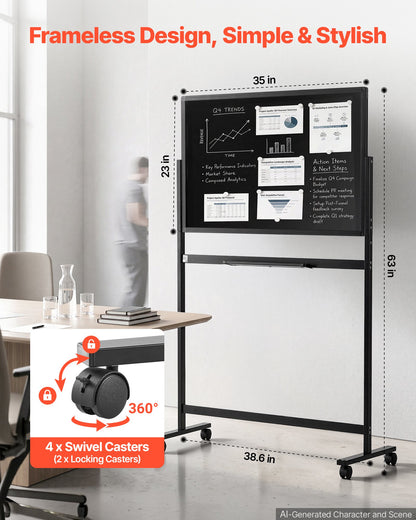 VEVOR Glass Dry Erase Board 35 x 23 in Magnetic Whiteboard with Base Black, Frameless, Mobile with Stand and Wheels, Includes Markers, Magnets and Eraser, for Office, School Classroom, and Home - 2PCZKGCBLBGZO6PMT001V0 - view 3