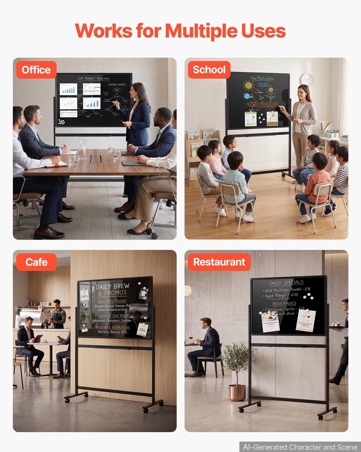 VEVOR Glass Dry Erase Board 35 x 23 in Magnetic Whiteboard with Base Black, Frameless, Mobile with Stand and Wheels, Includes Markers, Magnets and Eraser, for Office, School Classroom, and Home - 2PCZKGCBLBGZO6PMT001V0 - view 7