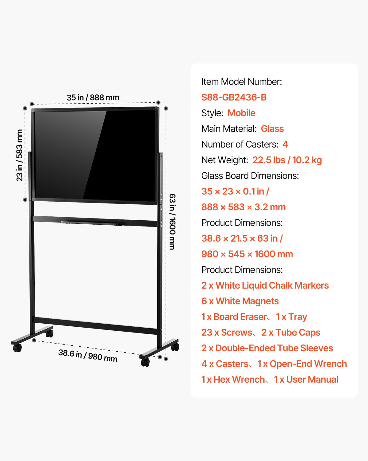 VEVOR Glass Dry Erase Board 35 x 23 in Magnetic Whiteboard with Base Black, Frameless, Mobile with Stand and Wheels, Includes Markers, Magnets and Eraser, for Office, School Classroom, and Home - 2PCZKGCBLBGZO6PMT001V0 - view 8