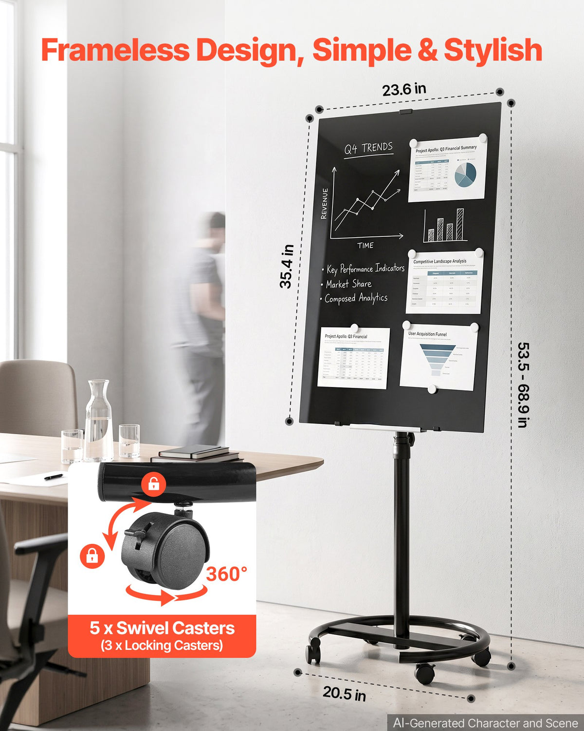 VEVOR Glass Dry Erase Board 35.4 x 23.6 in Magnetic Whiteboard Round Base, Frameless, Mobile with Stand and Wheels, Includes Markers, Magnets and Eraser