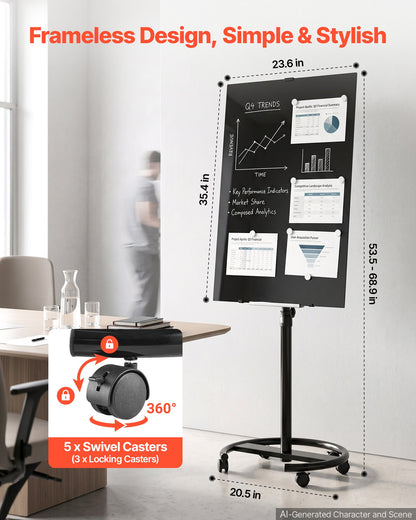 VEVOR Glass Dry Erase Board 35.4 x 23.6 in Magnetic Whiteboard Round Base, Frameless, Mobile with Stand and Wheels, Includes Markers, Magnets and Eraser