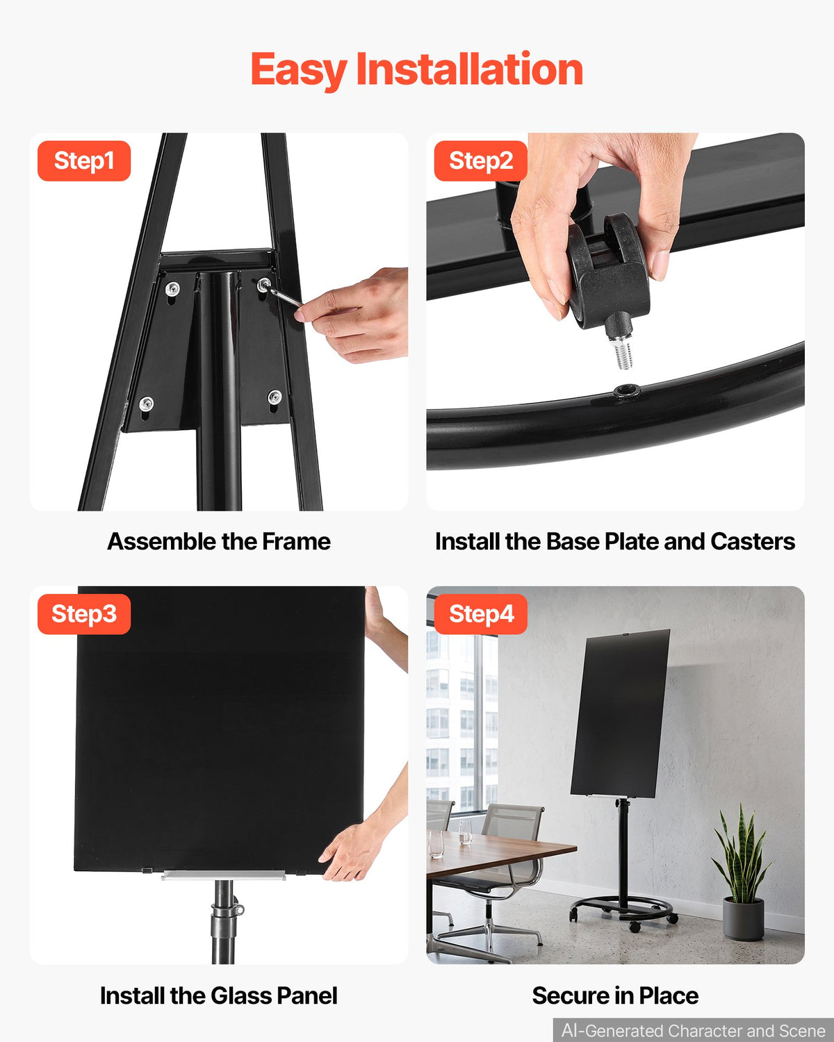 VEVOR Glass Dry Erase Board 35.4 x 23.6 in Magnetic Whiteboard Round Base, Frameless, Mobile with Stand and Wheels, Includes Markers, Magnets and Eraser