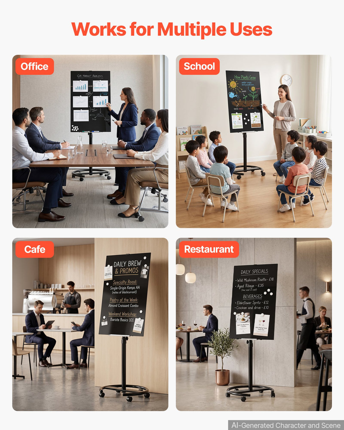 VEVOR Glass Dry Erase Board 35.4 x 23.6 in Magnetic Whiteboard Round Base, Frameless, Mobile with Stand and Wheels, Includes Markers, Magnets and Eraser