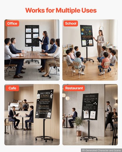 VEVOR Glass Dry Erase Board 35.4 x 23.6 in Magnetic Whiteboard Round Base, Frameless, Mobile with Stand and Wheels, Includes Markers, Magnets and Eraser