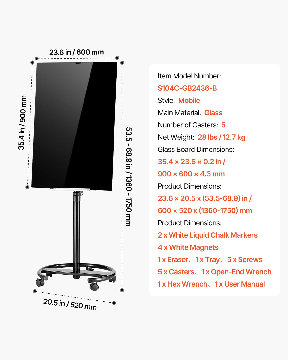 VEVOR Glass Dry Erase Board 35.4 x 23.6 in Magnetic Whiteboard Round Base, Frameless, Mobile with Stand and Wheels, Includes Markers, Magnets and Eraser