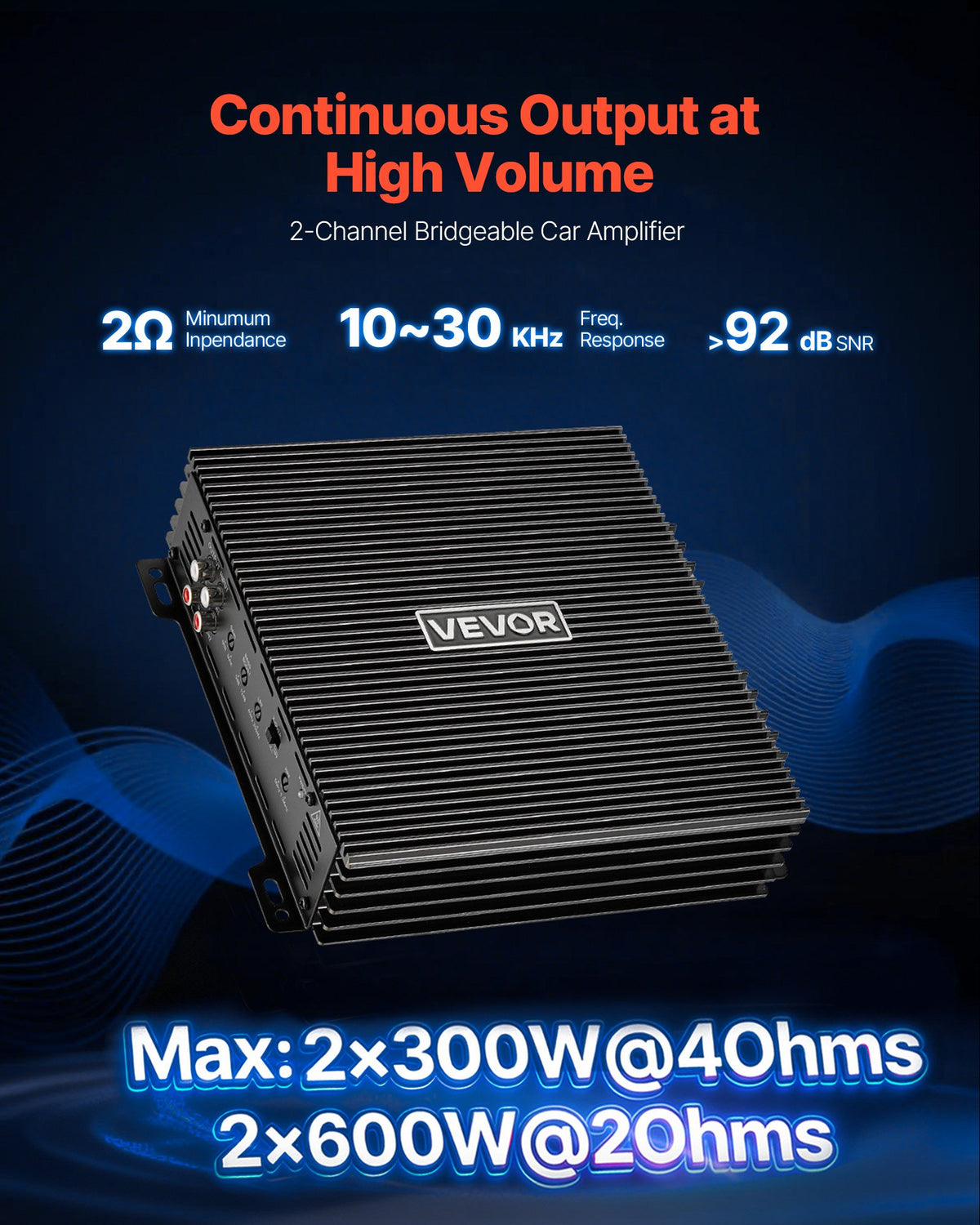 VEVOR 2 Channel Car Audio Amplifier 2 Ohm Stable Bridgeable Class A/B Full Range Stereo Amp Max Power 2 x 300W @ 4 Ohm / 2 x 600W @ 2 Ohm for Car SUV Truck Off-Road - 2TDABL2X150WJE7E1001V9 - view 3