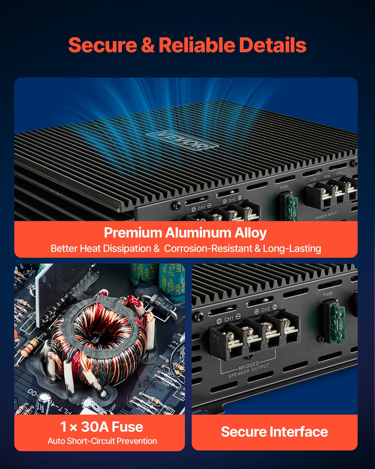 VEVOR 2 Channel Car Audio Amplifier 2 Ohm Stable Bridgeable Class A/B Full Range Stereo Amp Max Power 2 x 300W @ 4 Ohm / 2 x 600W @ 2 Ohm for Car SUV Truck Off-Road - 2TDABL2X150WJE7E1001V9 - view 6