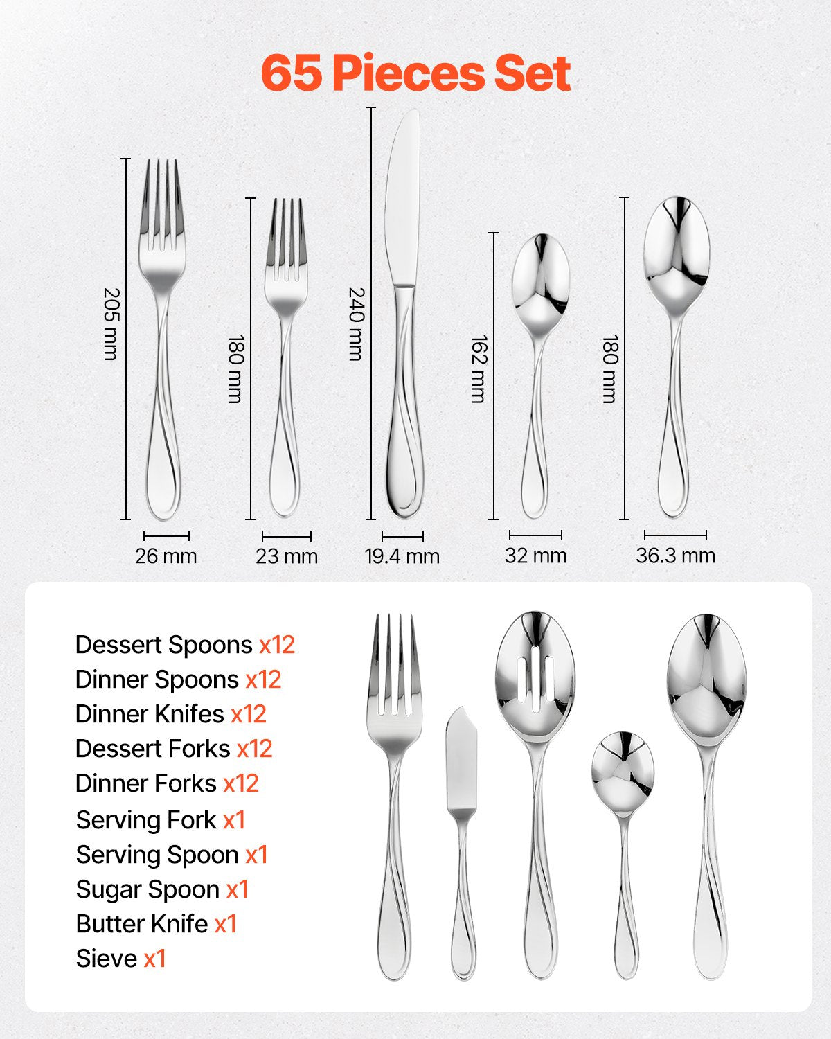 VEVOR 65-Piece Silverware Set, Food-Grade Stainless Steel Flatware Utensils, Mirror Finished Cutlery Set, Dishwasher Safe Eating Tableware for Kitchen Home, Service for 12, Include Knife Fork Spoon - 304BXGCJTZ65LRCMSV0 - view 3
