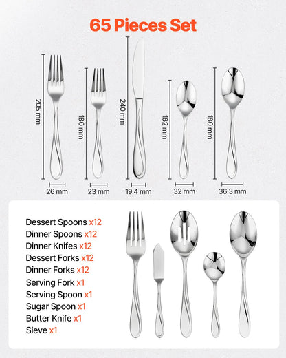 VEVOR 65-Piece Silverware Set, Food-Grade Stainless Steel Flatware Utensils, Mirror Finished Cutlery Set, Dishwasher Safe Eating Tableware for Kitchen Home, Service for 12, Include Knife Fork Spoon - 304BXGCJTZ65LRCMSV0 - view 3