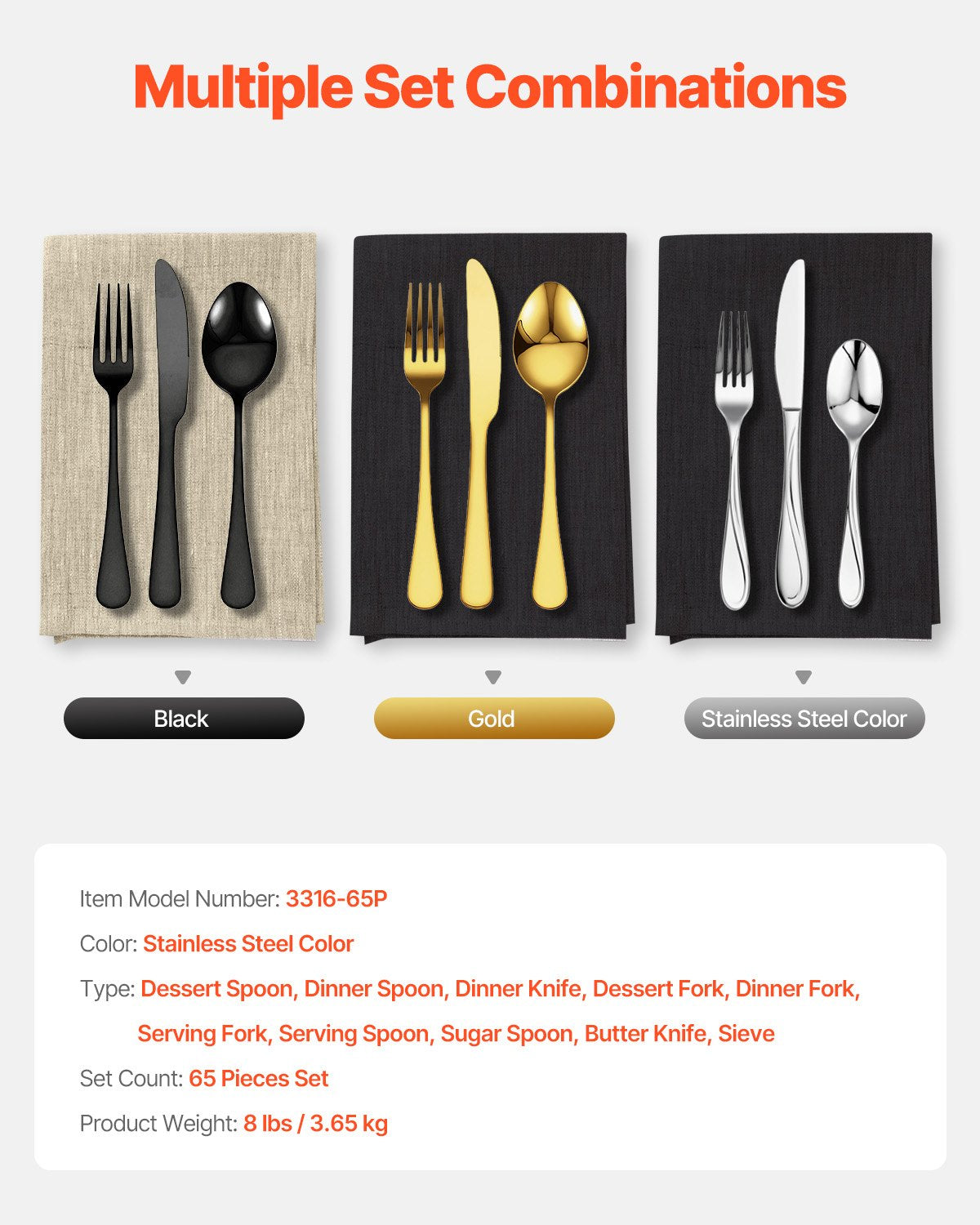 VEVOR 65-Piece Silverware Set, Food-Grade Stainless Steel Flatware Utensils, Mirror Finished Cutlery Set, Dishwasher Safe Eating Tableware for Kitchen Home, Service for 12, Include Knife Fork Spoon - 304BXGCJTZ65LRCMSV0 - view 8