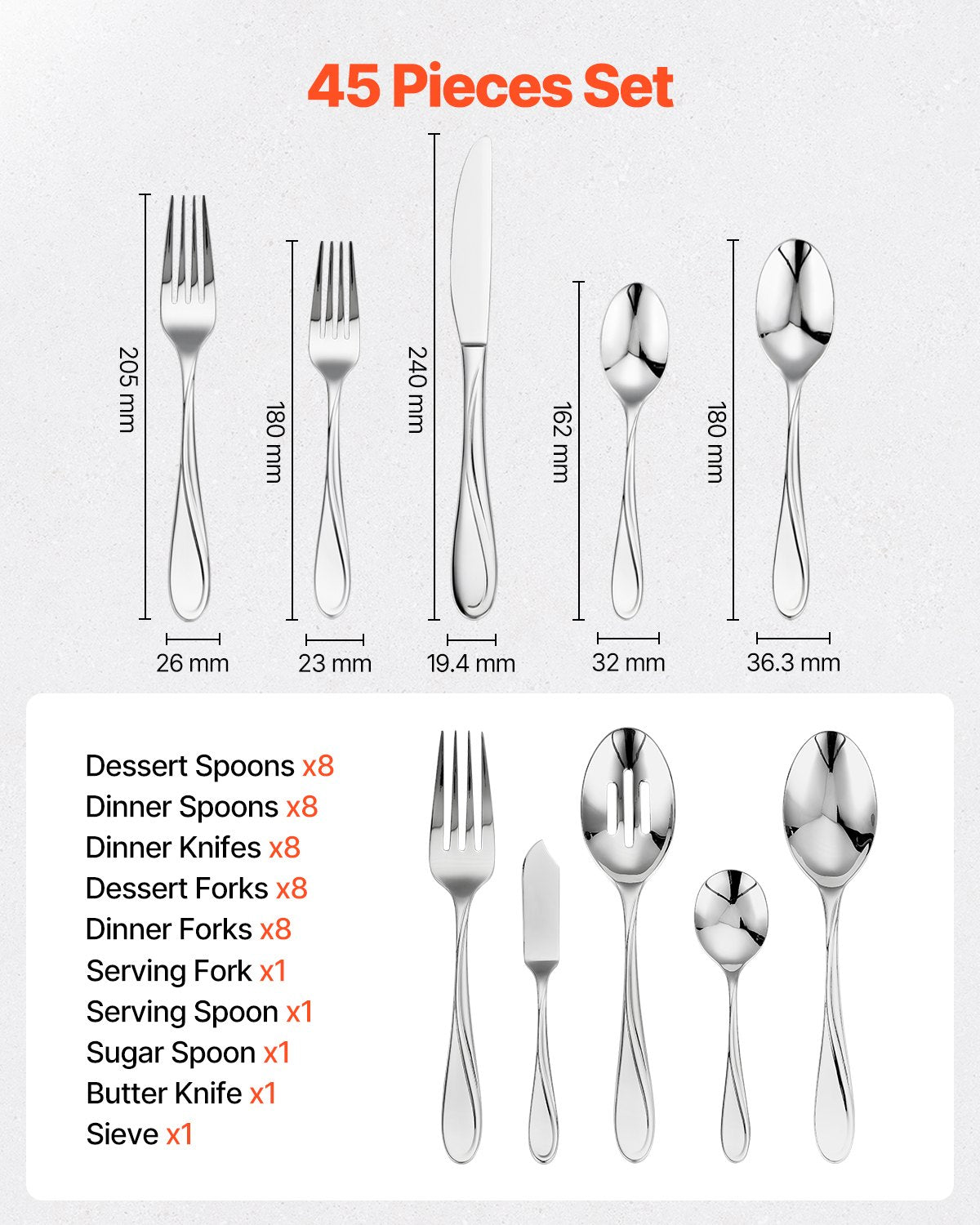 VEVOR 45-Piece Silverware Set, Food-Grade Stainless Steel Flatware Utensils, Mirror Finished Cutlery Set, Dishwasher Safe Eating Tableware for Kitchen Home, Service for 8, Include Knife Fork Spoon - 304BXGCJTZBXPRNR2V0 - view 3