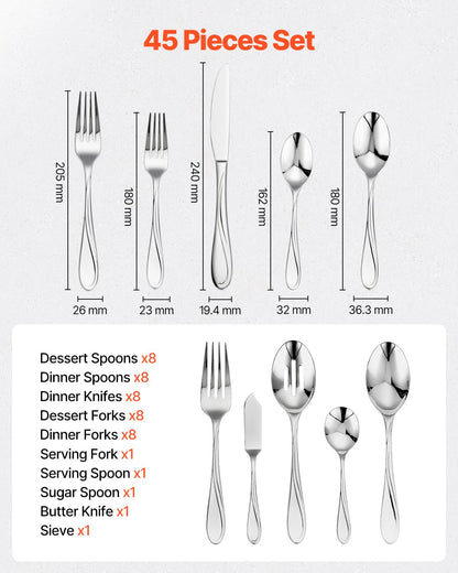 VEVOR 45-Piece Silverware Set, Food-Grade Stainless Steel Flatware Utensils, Mirror Finished Cutlery Set, Dishwasher Safe Eating Tableware for Kitchen Home, Service for 8, Include Knife Fork Spoon - 304BXGCJTZBXPRNR2V0 - view 3