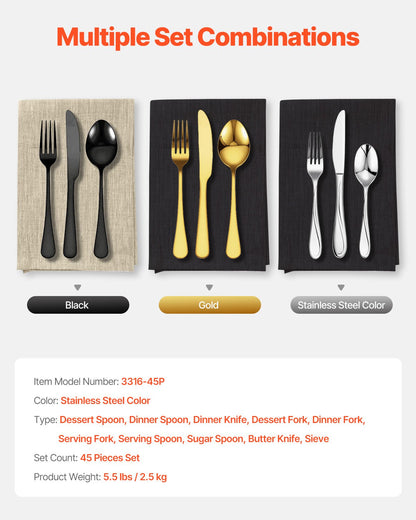VEVOR 45-Piece Silverware Set, Food-Grade Stainless Steel Flatware Utensils, Mirror Finished Cutlery Set, Dishwasher Safe Eating Tableware for Kitchen Home, Service for 8, Include Knife Fork Spoon - 304BXGCJTZBXPRNR2V0 - view 8