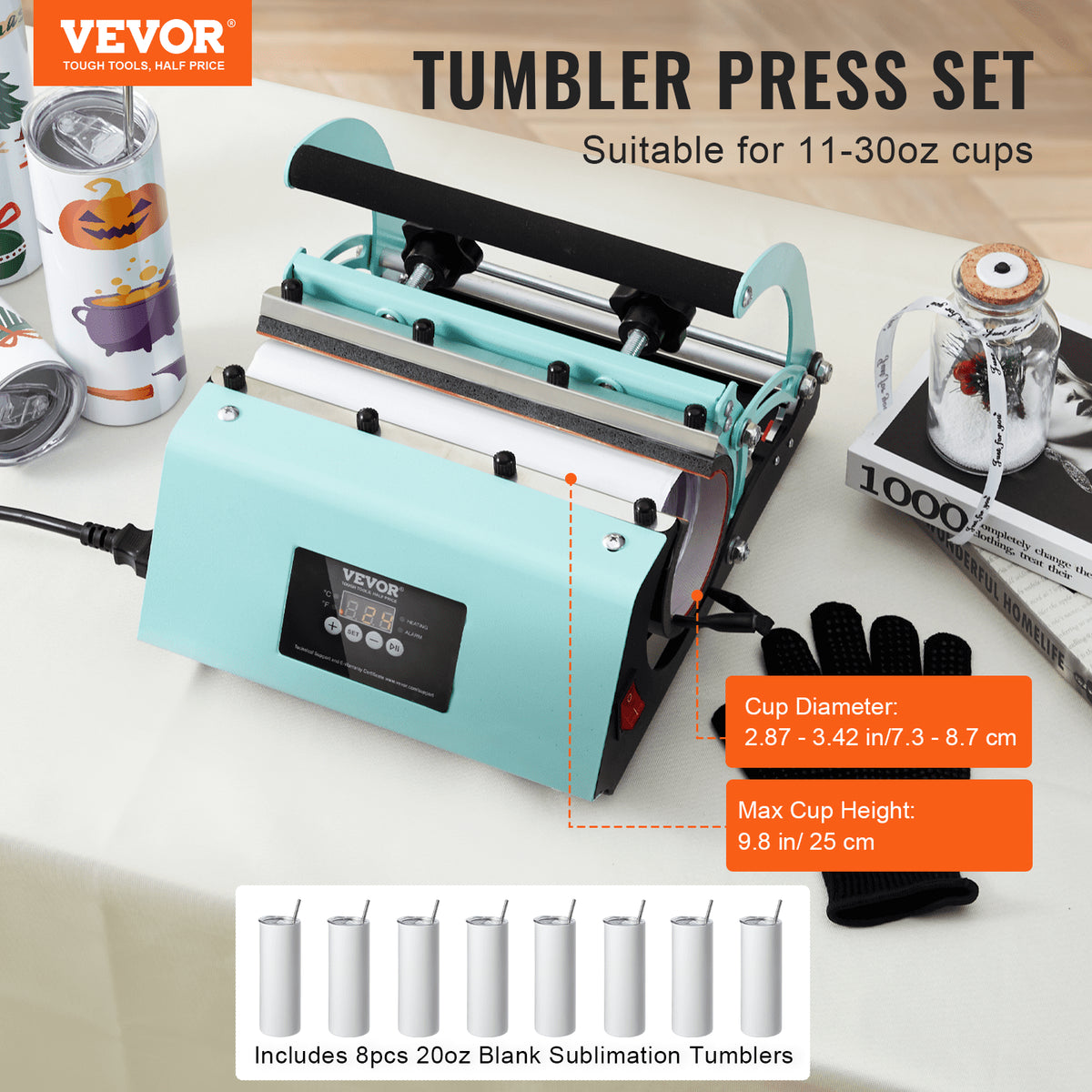 VEVOR Tumbler Heat Press Machine and Sublimation Tumblers, Tumbler Press Set with 8pcs 20OZ Blank Tumblers, Mug Press Cup Press for 11-30oz Tumblers Mug, with Heat Transfer Paper, Gloves, Tape - 30OZKBJSHBTZ1F1VGV1 - view 3