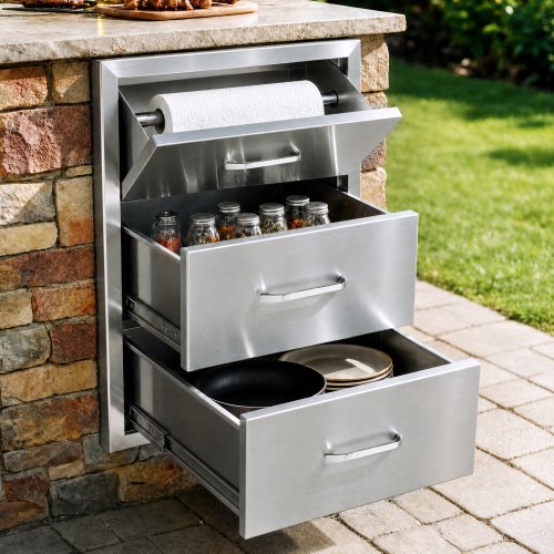VEVOR 17W x 30H x 21D Inch Outdoor Kitchen Stainless Steel Double Access Drawers with Paper Towel Holder Combo for BBQ Island or Grill Station - 30X17YC3CBXGCTG01V0 - view 2