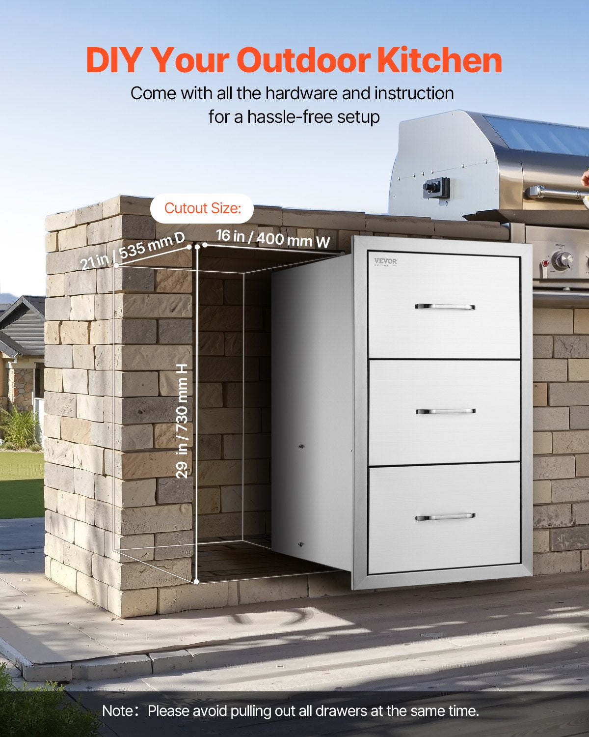 VEVOR 17W x 30H x 21D Inch Outdoor Kitchen Stainless Steel Double Access Drawers with Paper Towel Holder Combo for BBQ Island or Grill Station - 30X17YC3CBXGCTG01V0 - view 7