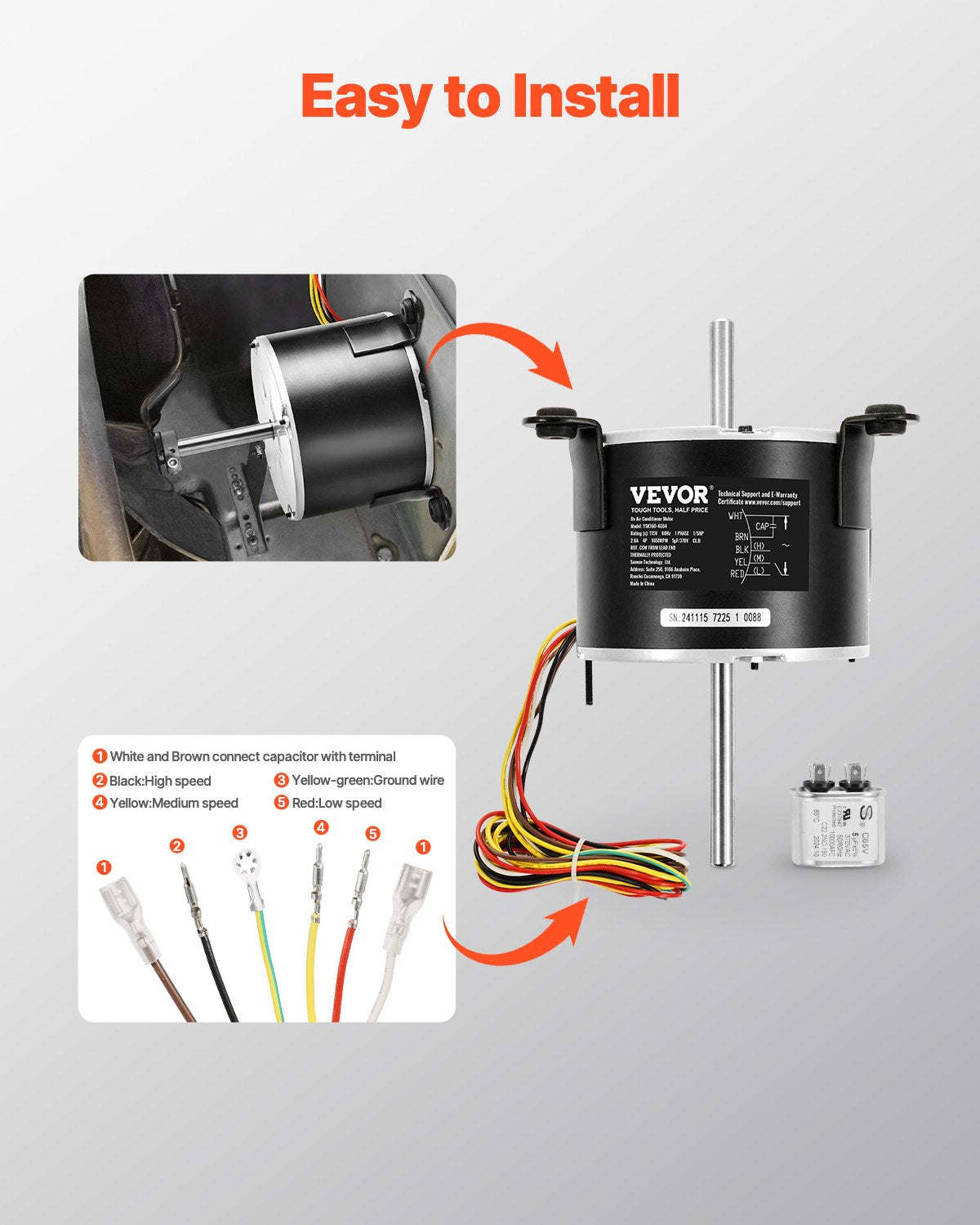 VEVOR 3108706.916 RV AC Fan Motor Compatible with Dometic Brisk Air I Model - Single Phase, 1/5HP AC115V 2.6A 1650 RPM (3 Speeds) - 310XFCKDDJ31DLVGFV1 - view 7