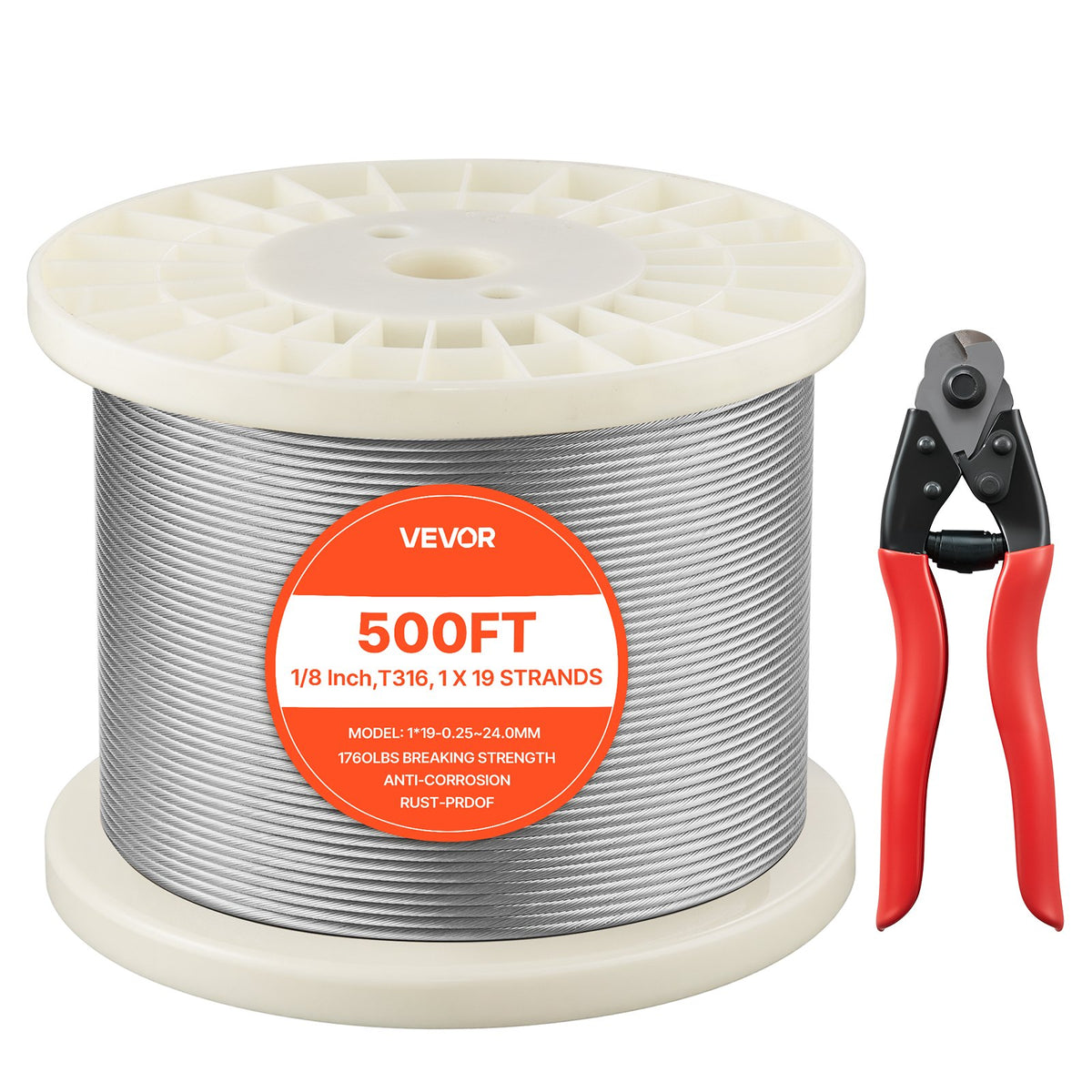 VEVOR 1/8 Inch Wire Rope, 500 ft Length, 316 Stainless Steel Wire Cable with Cutter, 1760 lbs Breaking Strength, 1 x 19 Strands Construction, Steel Cable for Deck Railing System, Garden Trellis - 316BXGGSS150M0001003V0 - view 1