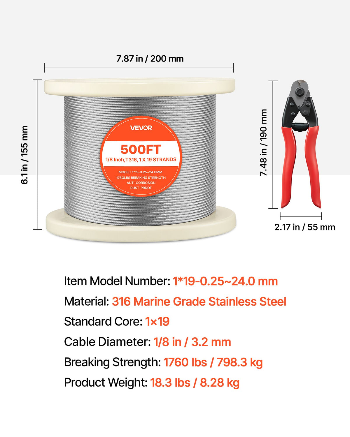 VEVOR 1/8 Inch Wire Rope, 500 ft Length, 316 Stainless Steel Wire Cable with Cutter, 1760 lbs Breaking Strength, 1 x 19 Strands Construction, Steel Cable for Deck Railing System, Garden Trellis - 316BXGGSS150M0001003V0 - view 8
