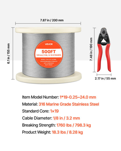 VEVOR 1/8 Inch Wire Rope, 500 ft Length, 316 Stainless Steel Wire Cable with Cutter, 1760 lbs Breaking Strength, 1 x 19 Strands Construction, Steel Cable for Deck Railing System, Garden Trellis - 316BXGGSS150M0001003V0 - view 8