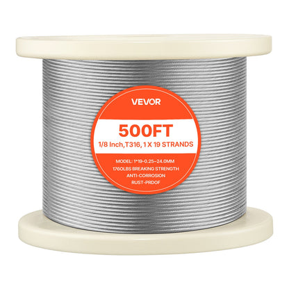 VEVOR 1/8 Inch Wire Rope, 500 ft Length, 316 Stainless Steel Wire Cable with Cutter, 1760 lbs Breaking Strength, 1 x 19 Strands Construction, Steel Cable for Deck Railing System, Garden Trellis - 316BXGGSS150M0001003V0 - view 10