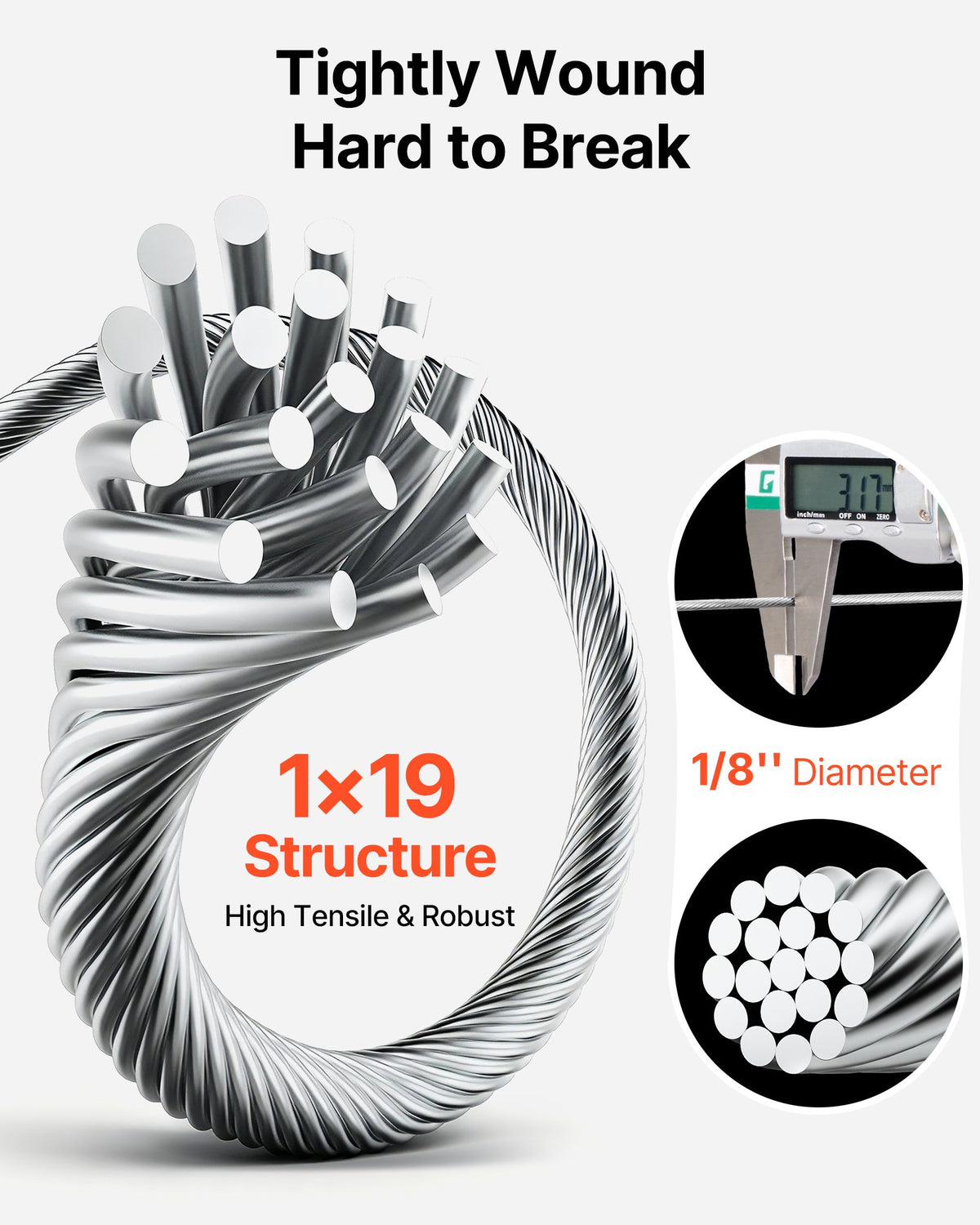 VEVOR 1/8 Inch Wire Rope, 1000 ft Length, 316 Stainless Steel Wire Cable with Cutter, 1760 lbs Breaking Strength, 1 x 19 Strands Construction, Steel Cable for Deck Railing System, Garden Trellis - 316BXGGSS300M0001003V0 - view 4