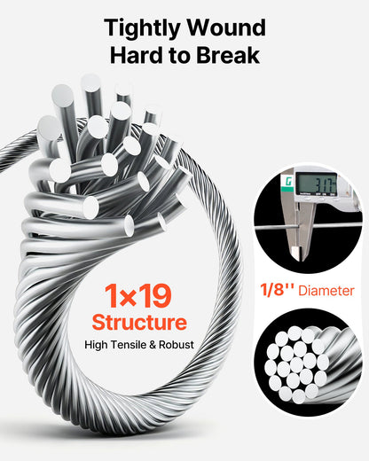 VEVOR 1/8 Inch Wire Rope, 1000 ft Length, 316 Stainless Steel Wire Cable with Cutter, 1760 lbs Breaking Strength, 1 x 19 Strands Construction, Steel Cable for Deck Railing System, Garden Trellis - 316BXGGSS300M0001003V0 - view 4