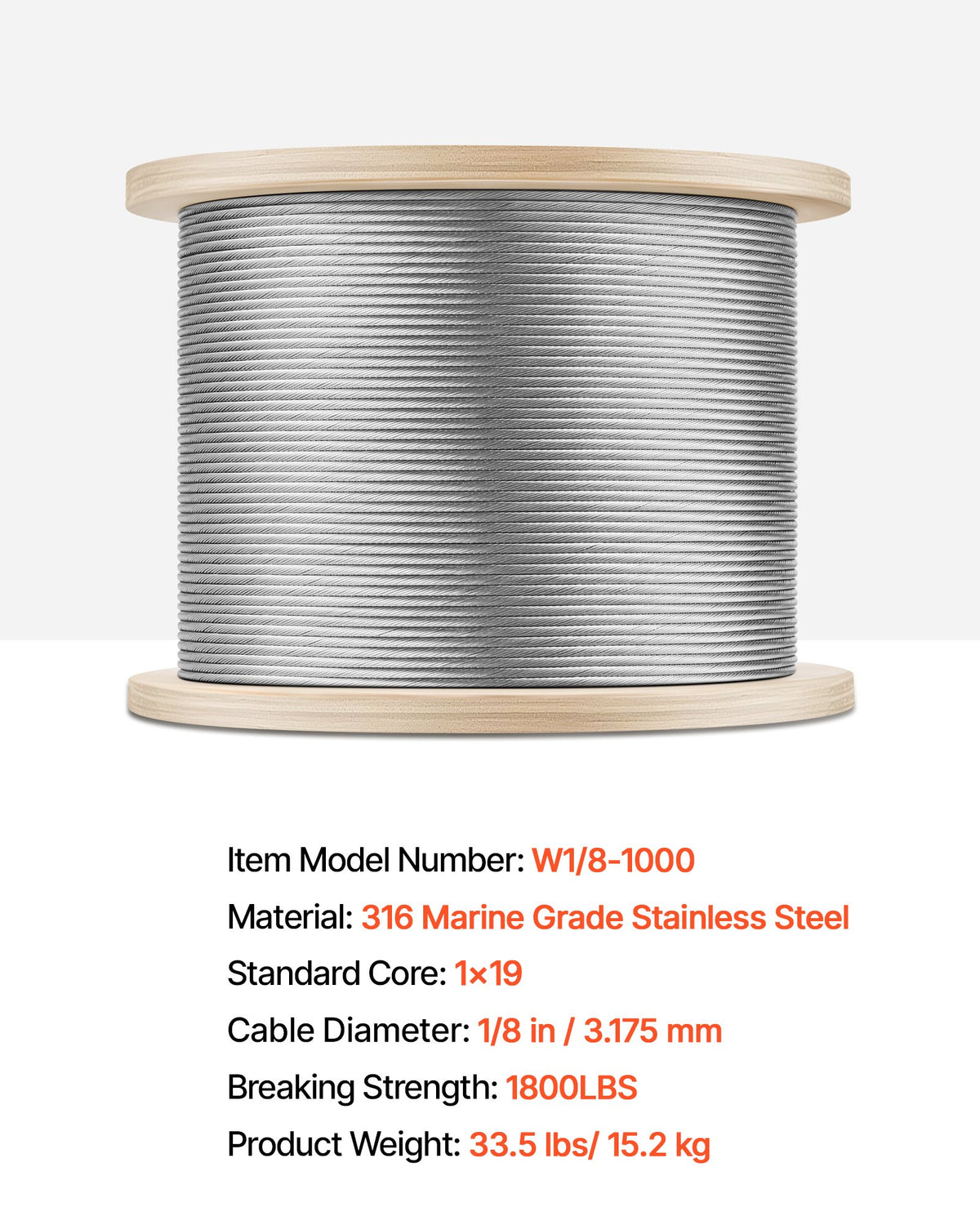 VEVOR 1/8 Inch Wire Rope, 1000 ft Length, 316 Stainless Steel Wire Cable with Cutter, 1760 lbs Breaking Strength, 1 x 19 Strands Construction, Steel Cable for Deck Railing System, Garden Trellis - 316BXGGSS300M0001003V0 - view 8