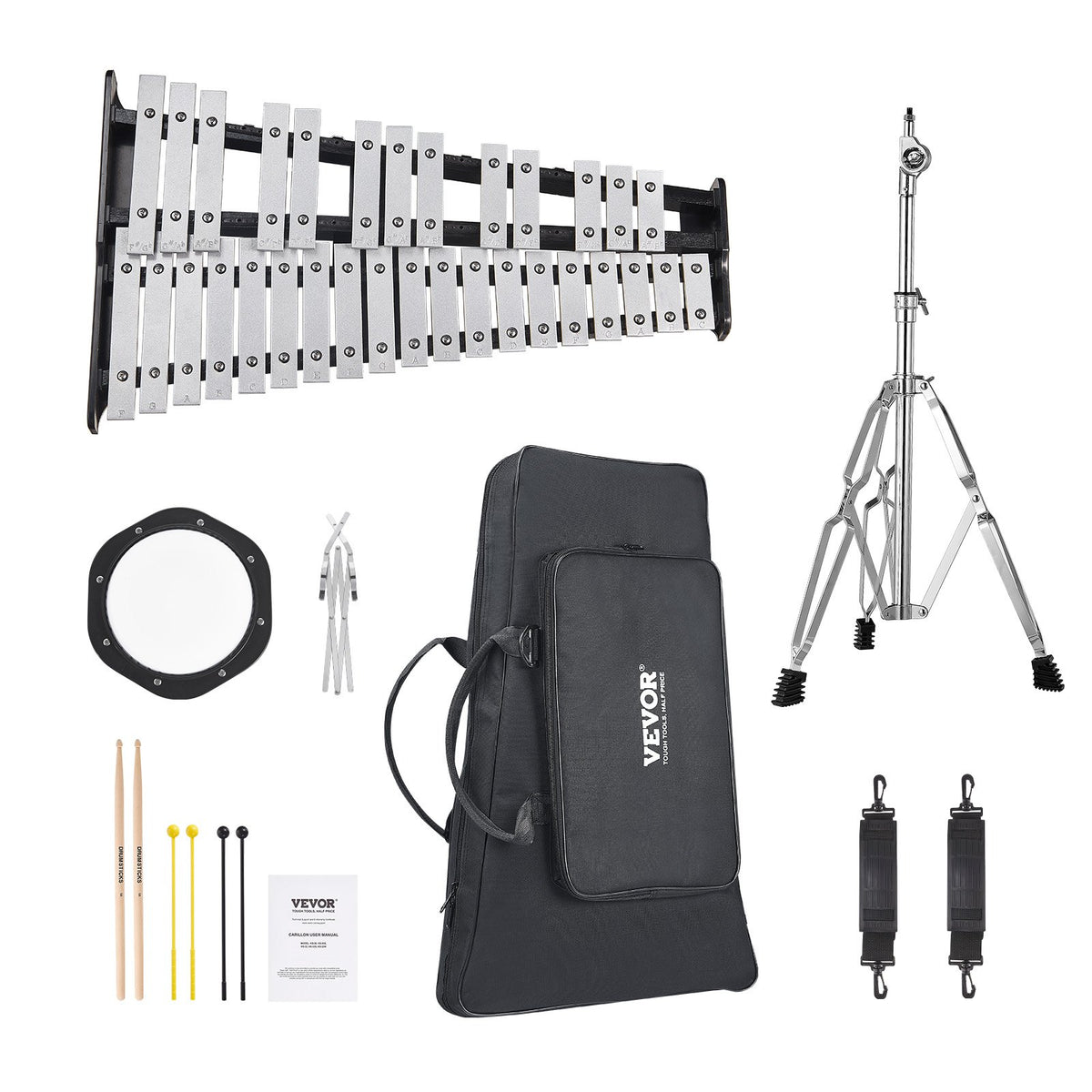 VEVOR 32 Note Glockenspiel Xylophone Bell Kit, Professional Percussion Instrument Set with Mallets, Drum Sticks, Music Stand,  8" Practice Pad, Adjustable Stand and Carrying Bag for Students & Adults - 32YFZQWZJ8LXVKTIAV0 - view 10