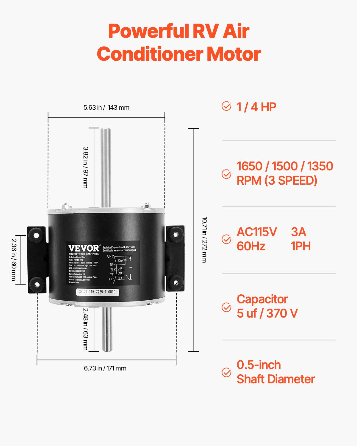 VEVOR 3315332.005 RV AC Fan Motor Replacement Genteq F48AF70A61, Dometic Brisk Air II Fan Motor, Compatible with Dometic Brisk Air II B57915 B59516 B59146 B59186 - 1/4HP AC115V 3A 1650RPM (3 Speeds) - 331XFCKDDJ33J4NQ9V1 - view 5