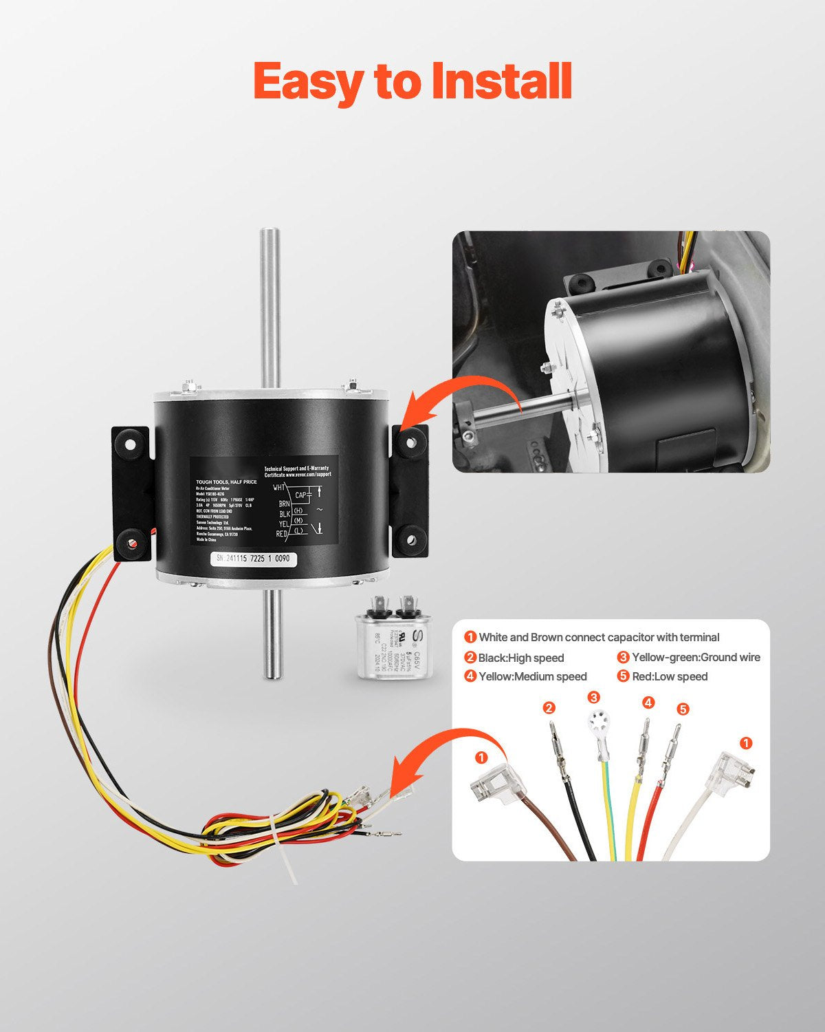 VEVOR 3315332.005 RV AC Fan Motor Replacement Genteq F48AF70A61, Dometic Brisk Air II Fan Motor, Compatible with Dometic Brisk Air II B57915 B59516 B59146 B59186 - 1/4HP AC115V 3A 1650RPM (3 Speeds) - 331XFCKDDJ33J4NQ9V1 - view 7