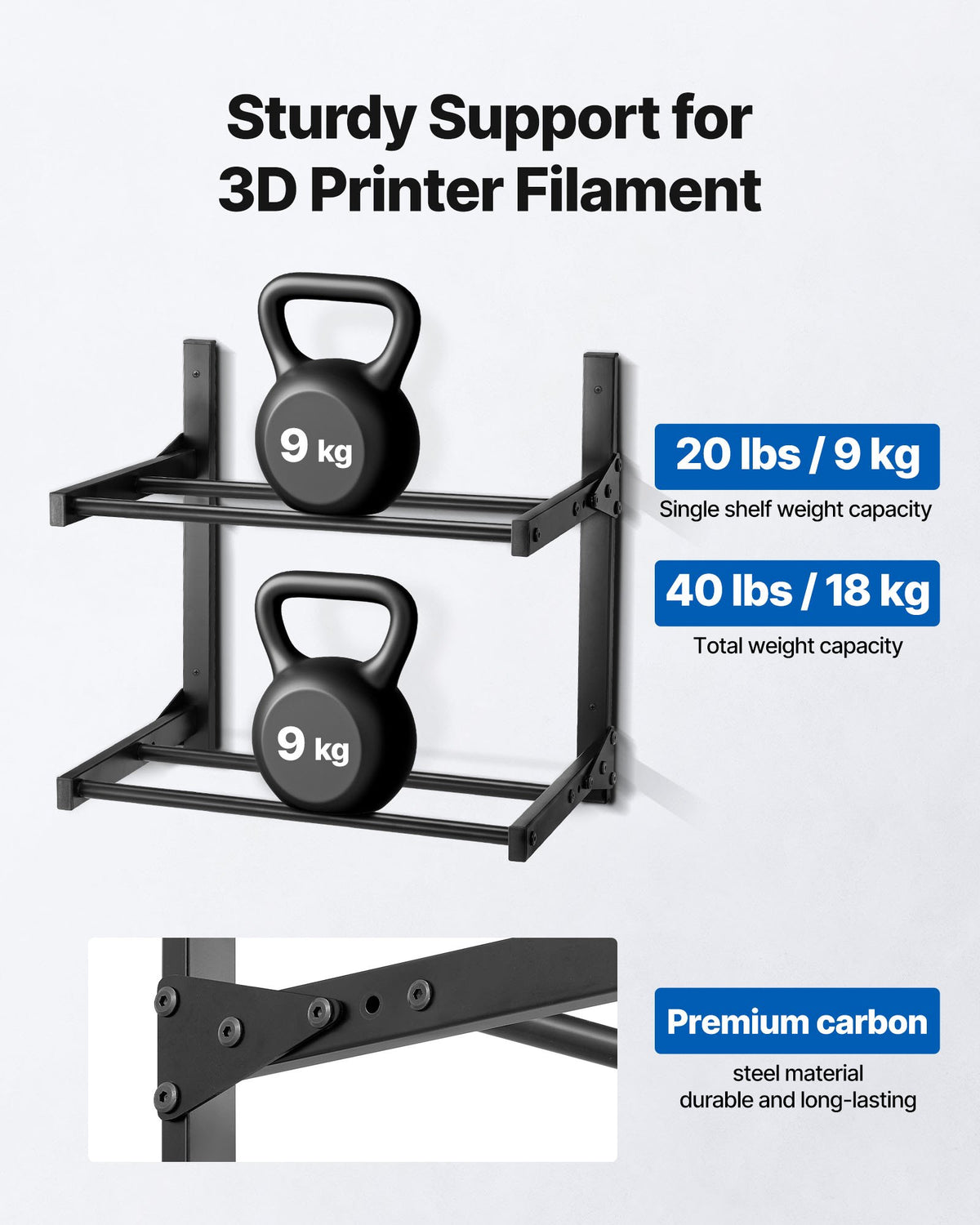 VEVOR Wall Mount Printer Filament Storage Rack, 2-Tier Wall Bracket Storage Shelf, Rolling Filament Spool Holders Racks with Wheels, Filaments Organzied for 3D Printing Studio, Workshop (Shelf Only) - 3DDYSNJHSECBXUUA2001V0 - view 3