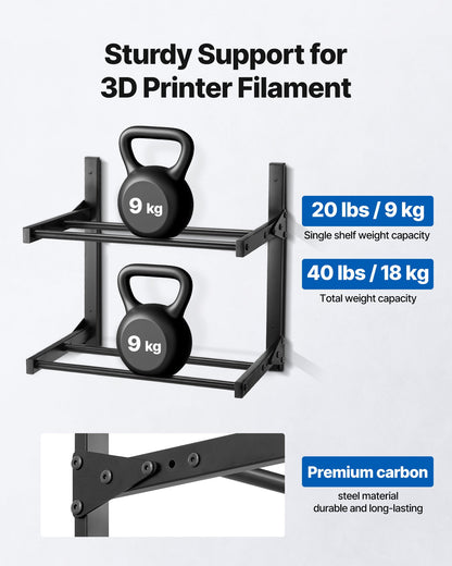 VEVOR Wall Mount Printer Filament Storage Rack, 2-Tier Wall Bracket Storage Shelf, Rolling Filament Spool Holders Racks with Wheels, Filaments Organzied for 3D Printing Studio, Workshop (Shelf Only) - 3DDYSNJHSECBXUUA2001V0 - view 3