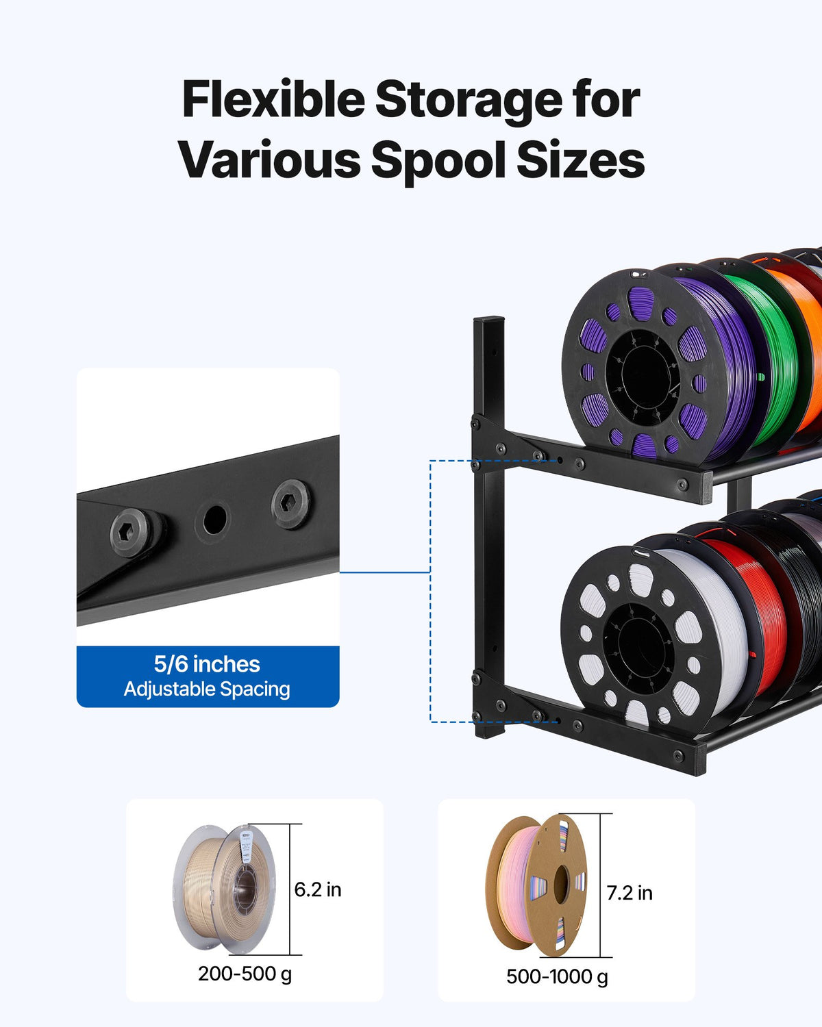 VEVOR Wall Mount Printer Filament Storage Rack, 2-Tier Wall Bracket Storage Shelf, Rolling Filament Spool Holders Racks with Wheels, Filaments Organzied for 3D Printing Studio, Workshop (Shelf Only) - 3DDYSNJHSECBXUUA2001V0 - view 5